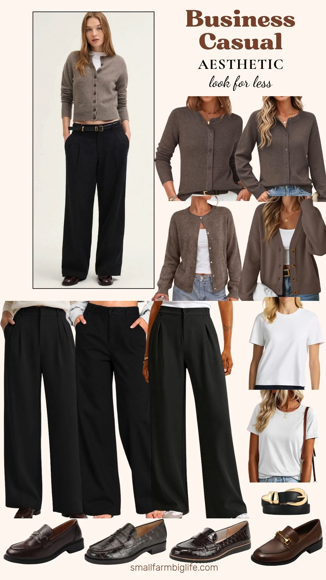 Business Casual Aesthetic Look For Less 🍂 This Madewell business casual outfit is so polished, and I found Amazon look for less options for every piece. The Madewell version features the Everyday Trouser in true black, a mink heather cashmere crewneck cardigan, a white relaxed vintage jersey tee, a black triple metal keeper belt, and coffee bean Grayson penny loafers, totaling over $600. For the Amazon version, choose from black wide leg dress pants and high waisted chino trousers starting at $25, cozy button down cardigans in coffee heather, nutmeg, and brown heather starting at $15, white crewneck tees starting at $10, a black leather belt with a gold buckle for $20, and dark brown and croco penny loafers starting at $40. You can recreate the whole outfit for around $110! This timeless business casual workwear look is perfect for the office and makes easy fall outfits for women over 50 and beyond.

#lookforless #amazonfashion #madewell #businesscasual #workwear 

 #LTKootd #LTKOver40 #LTKWorkwear