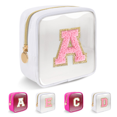 Clear Personalized Initial Letter Waterproof Makeup Bag, A-Z Chenille Patch Preppy Nylon Cosmetic Bag With Zipper, TSA Approved Transparent Waterproof | SHEIN