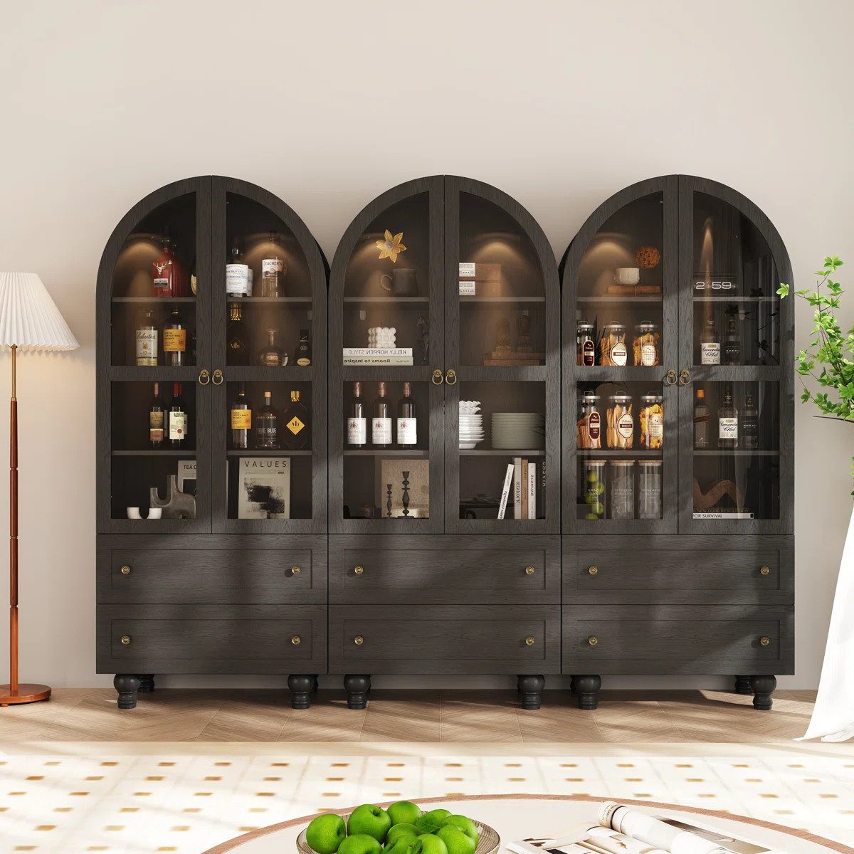 71'' Kitchen Pantry Storage Cabinet With Bookcases, Glass Display Doors and 6 Drawers(Set Of 3) | Wayfair North America