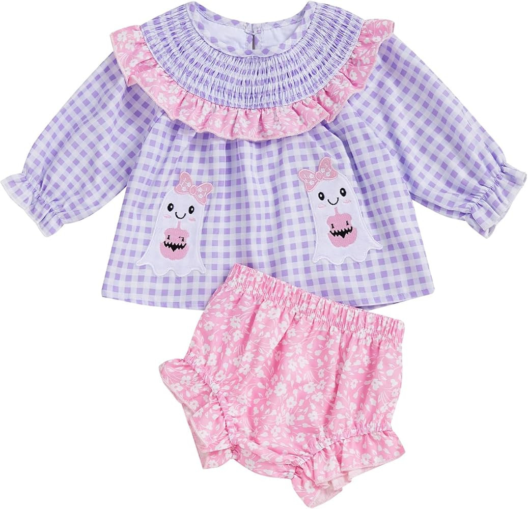 Newborn Halloween Baby Clothes Ghost Embroidery Smocked Long Sleeve Top Floral Bloomers Sets Baby... | Amazon (US)