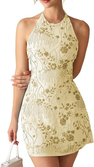 EHSUYAB Women 2000S Beaded Mini Dress Backless,Sparkly Sequin Rhinestone Floral Embellished Dress... | Amazon (US)