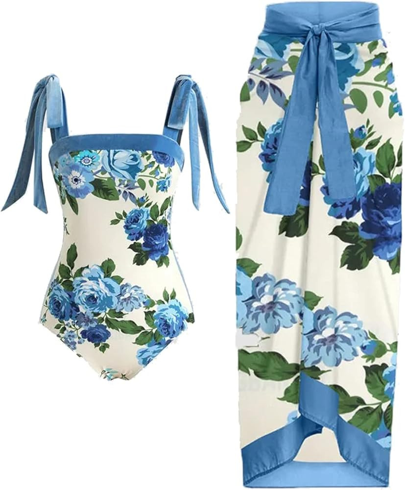 Women's One Piece Swimsuit with Wrap Sarong Skirt Retro Floral Print Bikini Sets 2 Piece Bathing ... | Amazon (US)
