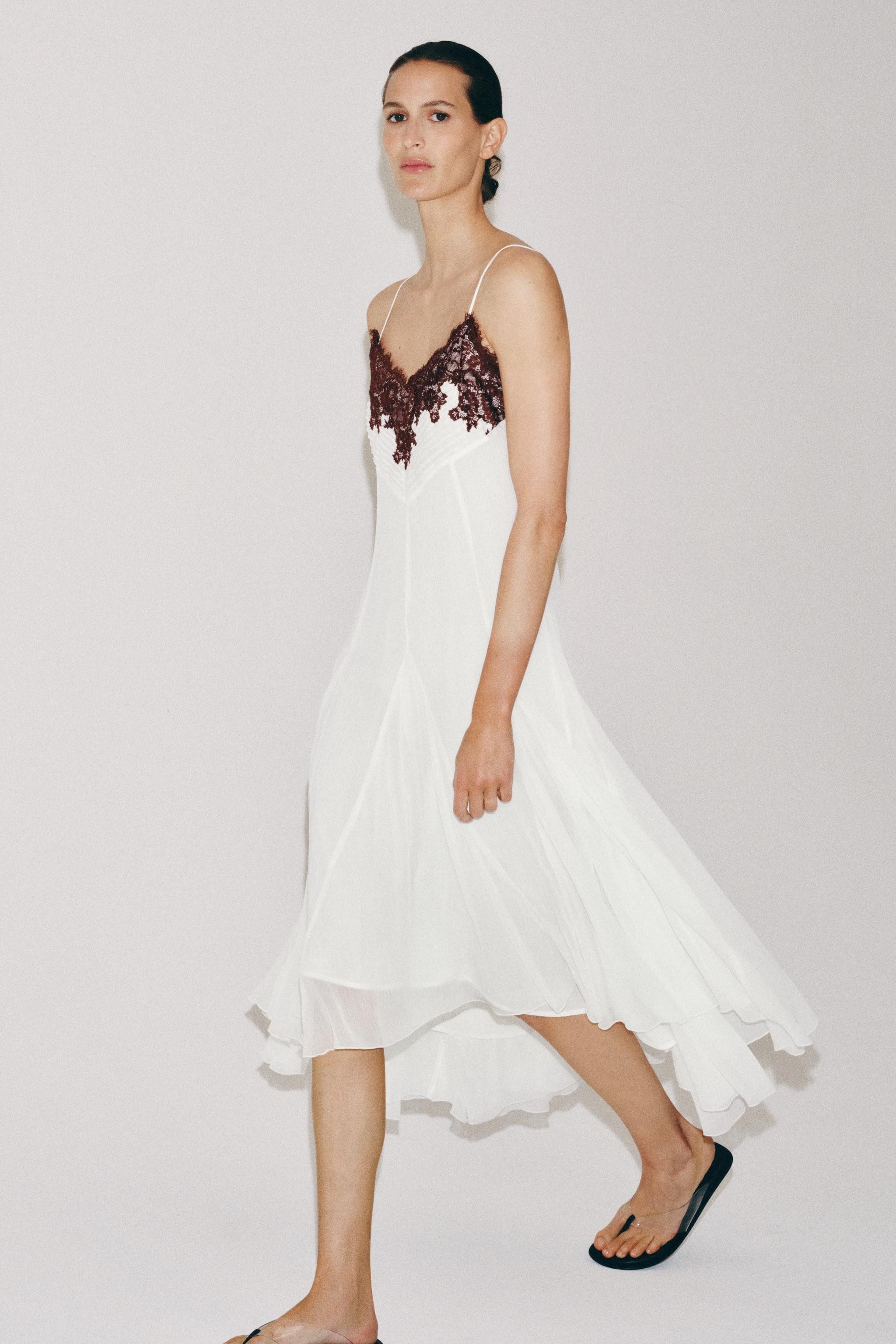 ZARA WOMAN COLLECTIONMidi dress with a V-neckline and thin straps. Features contrasting lace appl... | Zara US