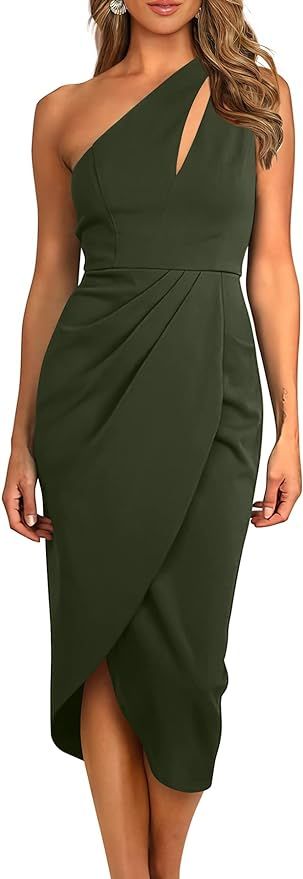 PRETTYGARDEN Women's One Shoulder Ruched Bodycon Cutout Slit Wrap Party Cocktail Midi Dress | Amazon (US)