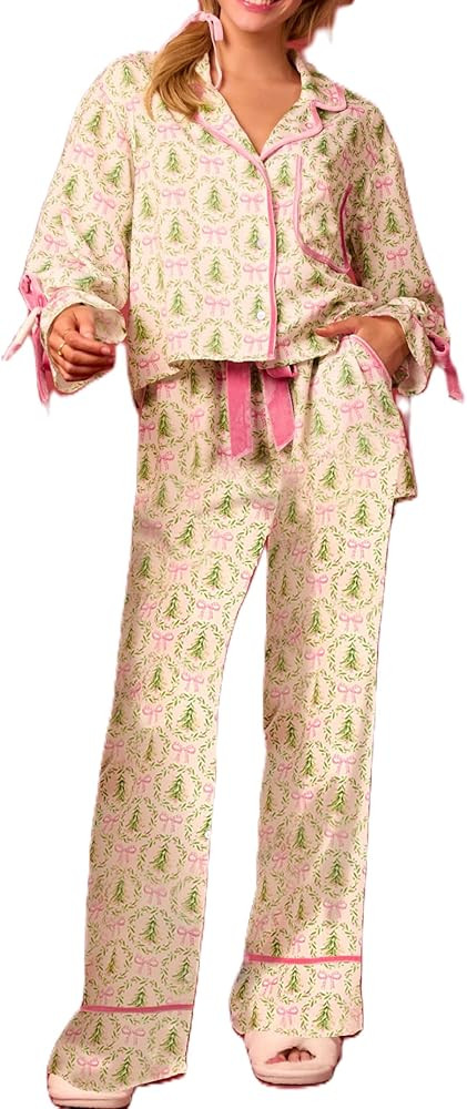 Faretumiya Cute Christmas Pajamas Women Bow Tie Long Sleeve Shirt Pants Pj Set Xmas Graphic Print... | Amazon (US)
