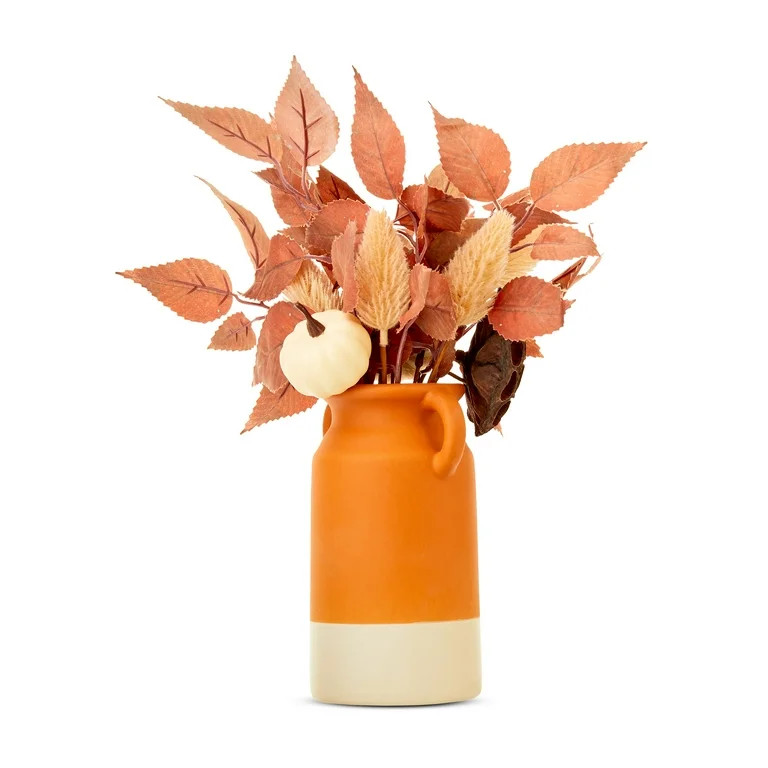 Harvest Orange & Cream Pottery Vase with Leaves Indoor Table Decor by Way To Celebrate | Walmart (US)
