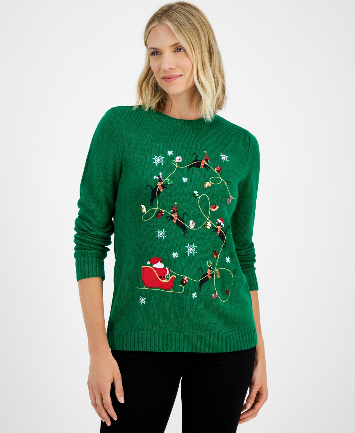 Holiday Lane Petite Kitten Sleigh Graphic Sweater, Created for Macy's - Ripe Vine | Macy's