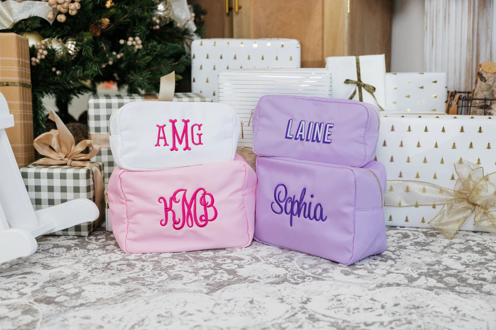 Embroidered Large Nylon Pouch | Sprinkled With Pink