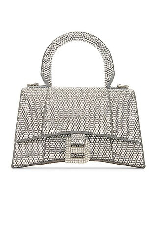 Balenciaga XS All Over Strass Hourglass Top Handle Bag in Grey & Crystal | FWRD | FWRD 
