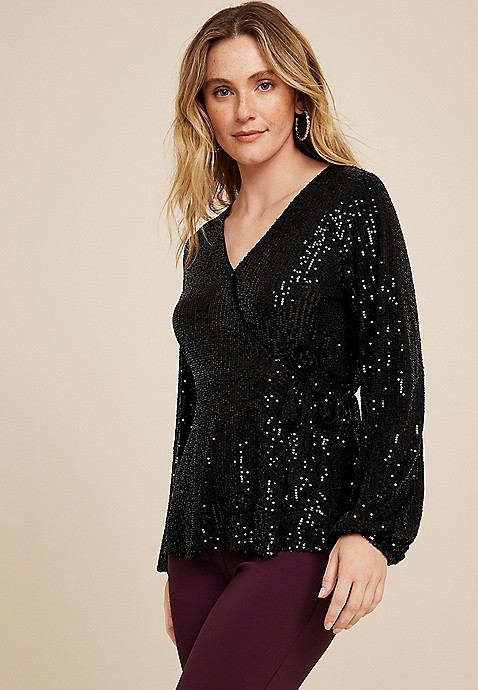 Black Sequin Faux Wrap Blouse | Maurices