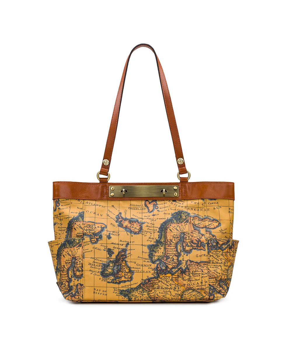 Ria Tote - Patina Coated Linen Canvas European Map Print | Patricia Nash Designs