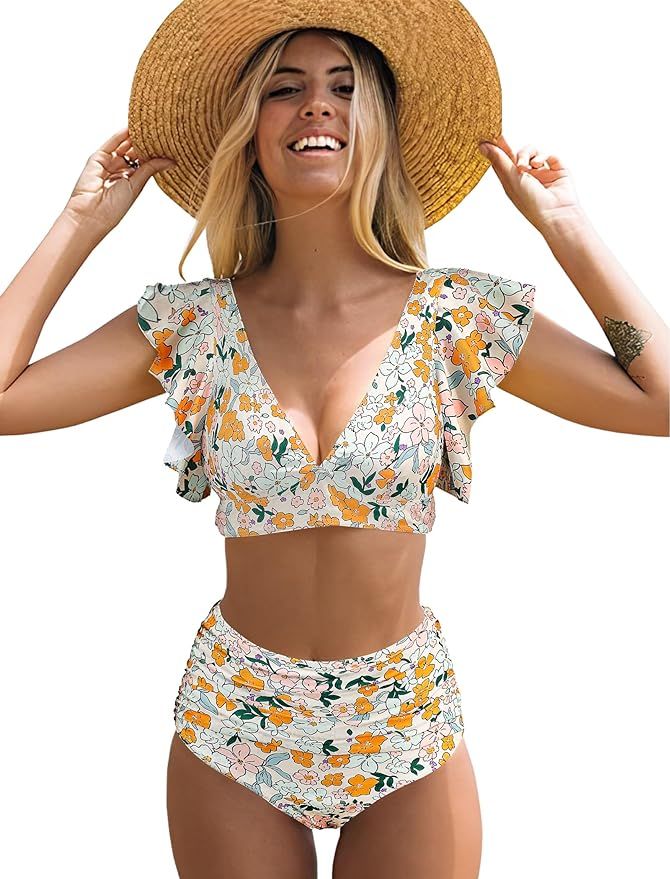 Women Ruffle High Waisted Swimsuit Two Piece Tropical Print Swimsuit Push Up Bathing Suit | Amazon (US)