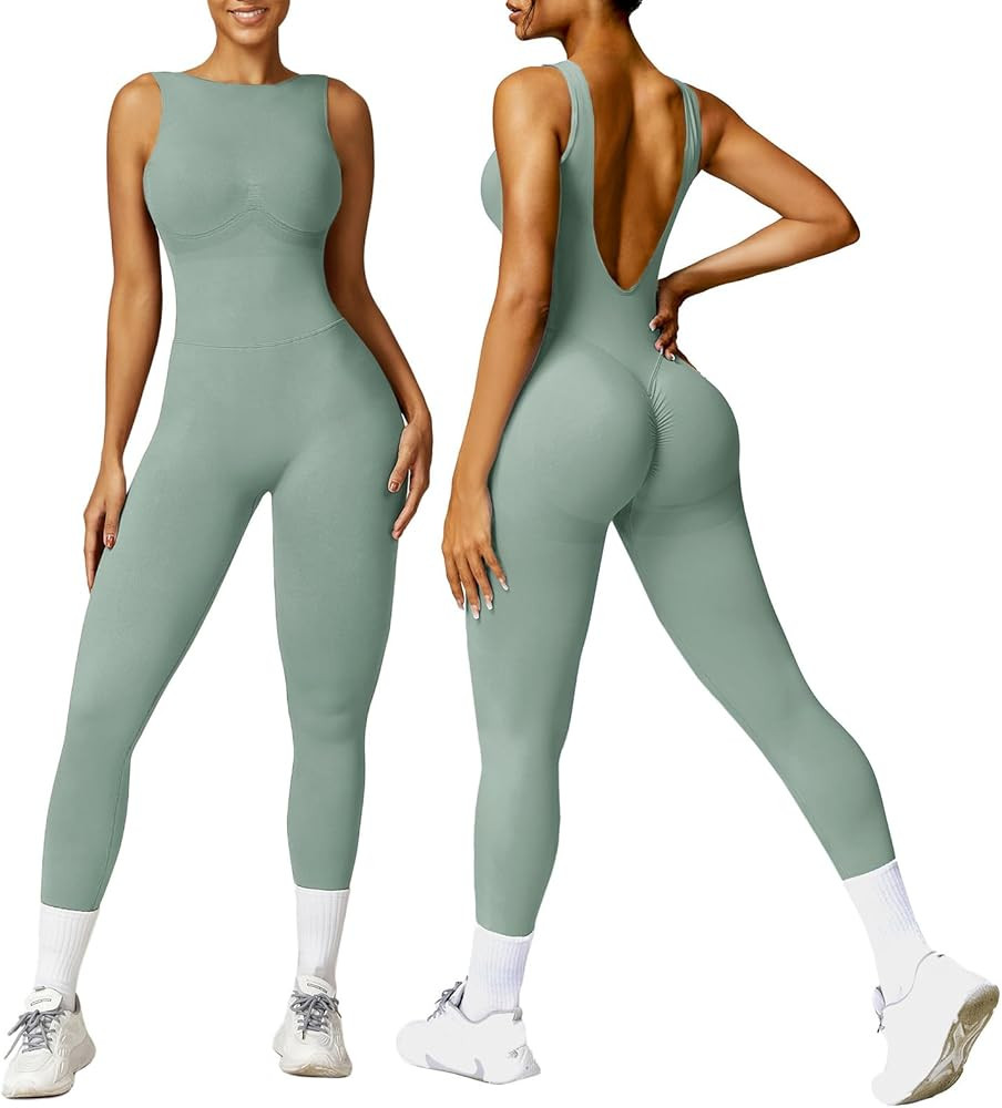 OEAK Womens Sleeveless Jumpsuits Crew Neck Unitards Scrunch Butt Tummy Control Romper Full Length... | Amazon (US)