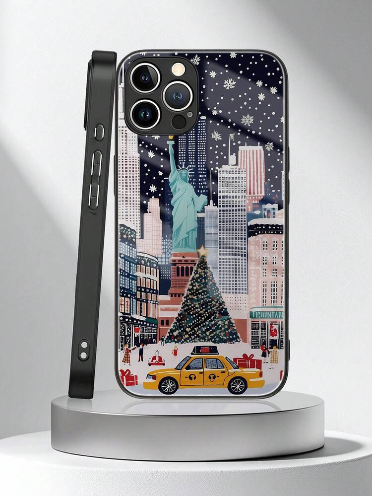 1pc City Scenery New York Building Winter Pine Tree Star Car Dot Pattern Perforated Tempered Glass Full Coverage Soft Phone Case Compatible With Iphone 11/12/13/14/15/16/17 Pro Max | SHEIN