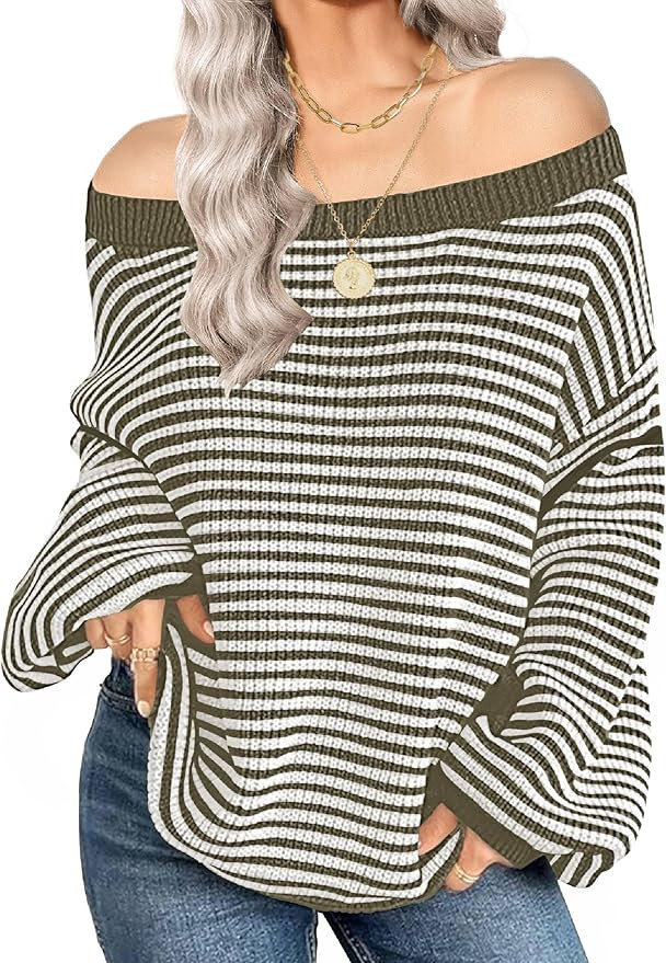 Soesdemo Womens Oversized Sweater Off The Shoulder Crewneck Striped Cute Long Sleeve Knitted Pull... | Amazon (US)