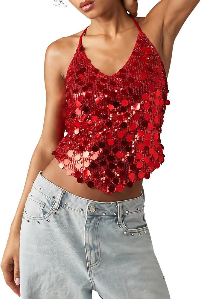 MakeMeChic Women's Sequin Sparkly V Neck Backless Disco Halter Tank Tops | Amazon (US)