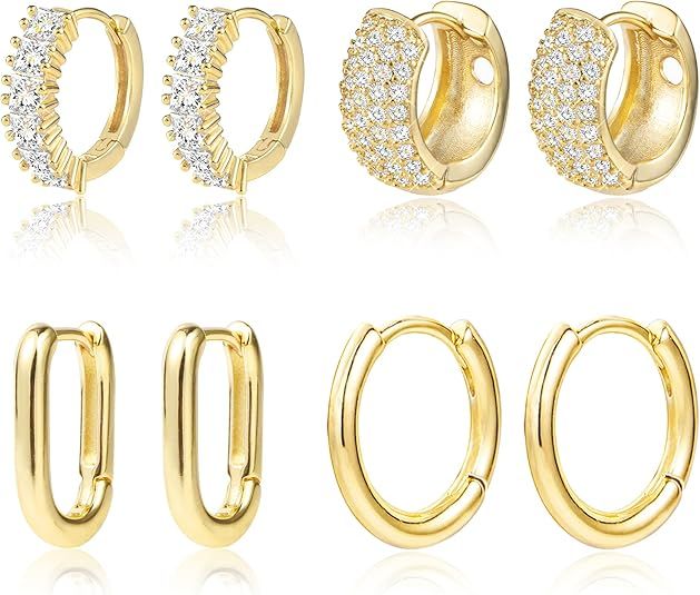 ALEXCRAFT Small Gold Hoop Earrings Set for Women Diamond Pave Gold Earrings Set with Sterling Sil... | Amazon (US)