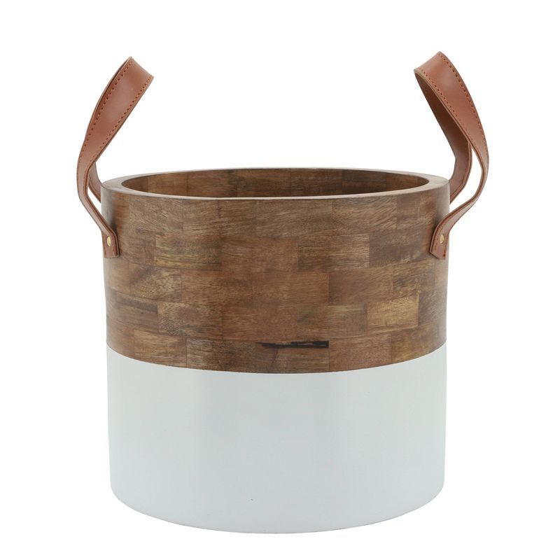 Sagebrook Home 10" Wood Bucket Planter with Leather Handles Brown/White | Target