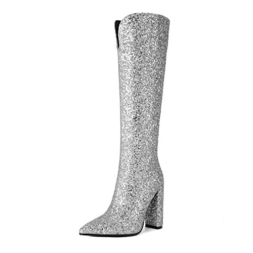 LIWA LIRO Sparkly Rhinestone Knee High Boots Women Slim Calf Block Heel Pointed Toe Tall Boots Pull On Size 13 | Amazon (US)