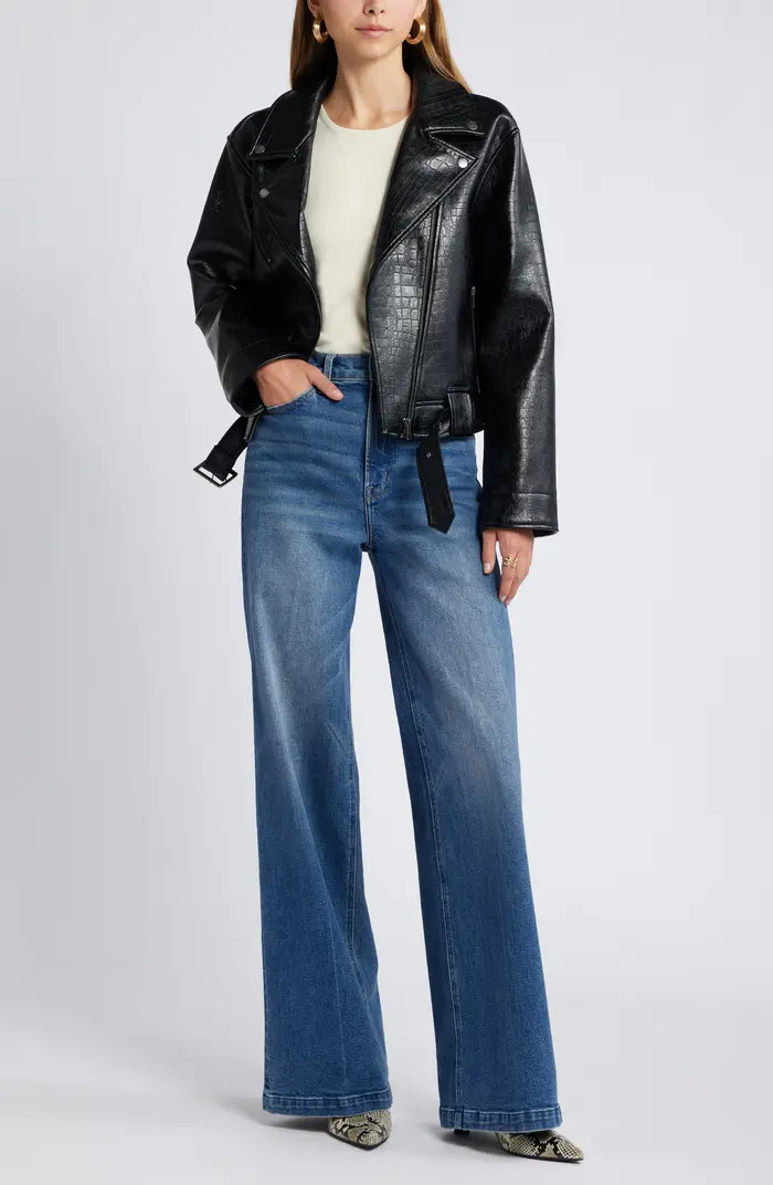 Belted Oversize Croc Embossed Faux Leather Moto Jacket | Nordstrom