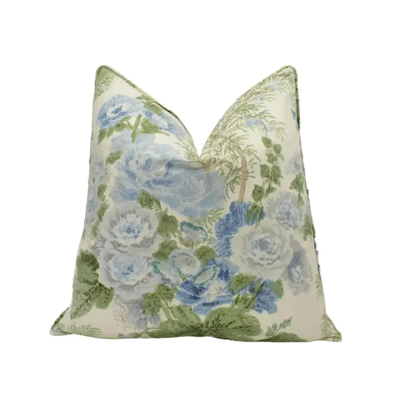 Lee Jofa - Hollyhock HDB - Blue Leaf - Heritage Floral Cotton Hand Printed Cushion Cover \u2013 E... | Etsy (Global)