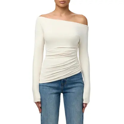 Naked Wardrobe Off the Shoulder Ruched Top in Chocolate at Nordstrom, Size Medium | Nordstrom