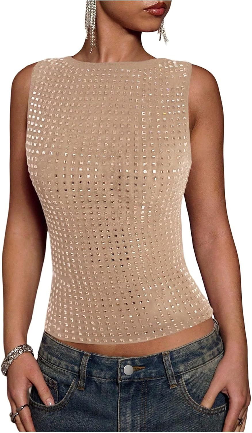 OYOANGLE Women's Sparkly Rhinestone Y2K Tank Top | Amazon (US)