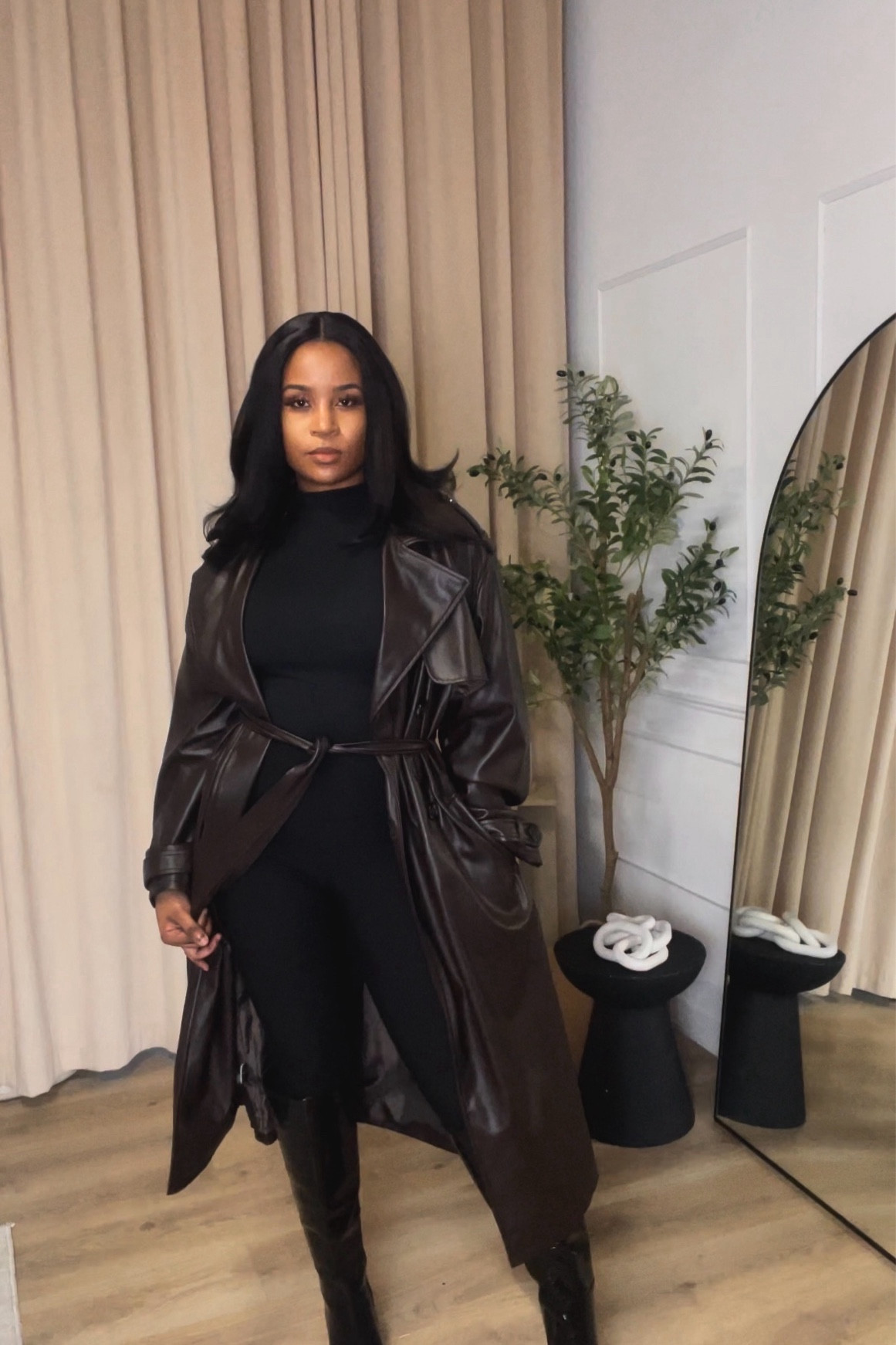 Faux Leather Trench Coat and Lovall Leggings fleece winter leggings. Plus black leather boot heels And PLT Black High Neck Ribbed Bodycon Dress.

#LTKSeasonal #LTKparties #LTKworkwear