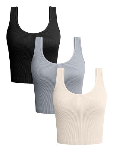 OQQ Women's 3 Piece Tank Tops Ribbed Seamless Workout Exercise Shirts Yoga Sleeveless Crop Tops Black Grey Beige | Amazon (US)