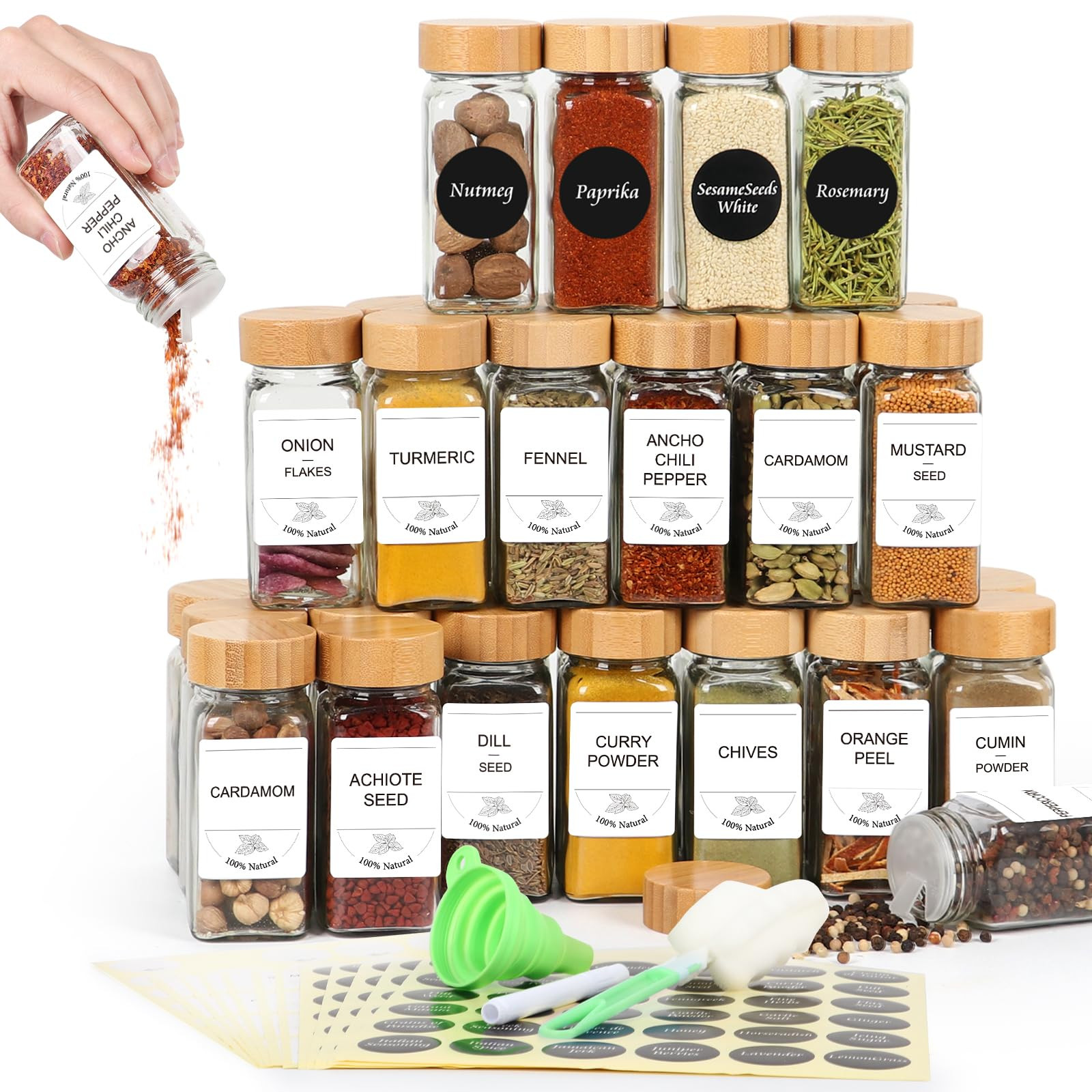 AuroTrends Glass Spice Jars with Bamboo Lids 4oz 24Pack, Spice Jars with Label- 4oz Spice Jars wi... | Amazon (US)