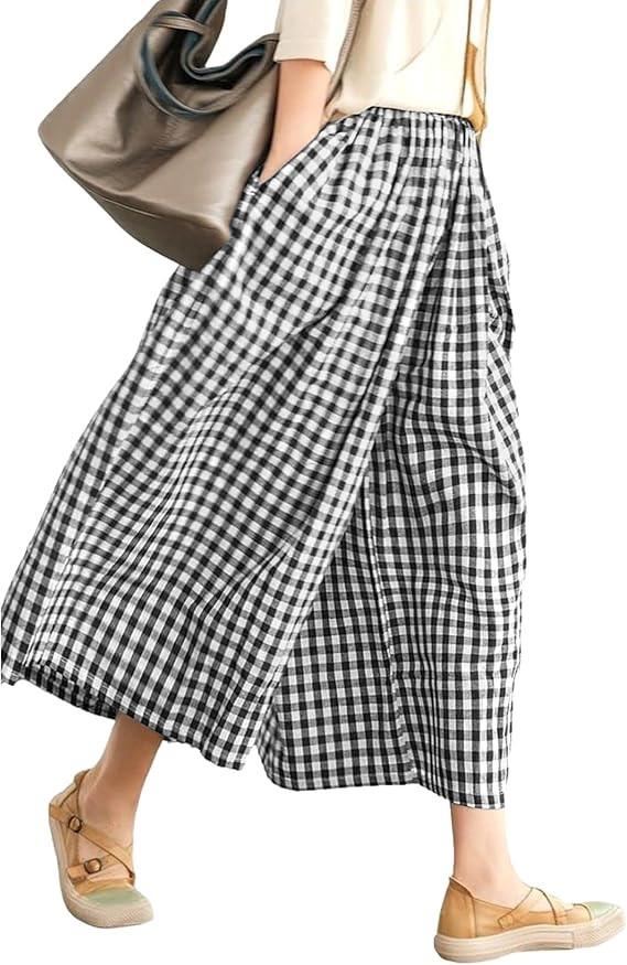 LOMON Womens Wide Leg Capri Pants Cotton Gingham Plaid Culottes Summer Elastic Waist Palazzo Trou... | Amazon (US)