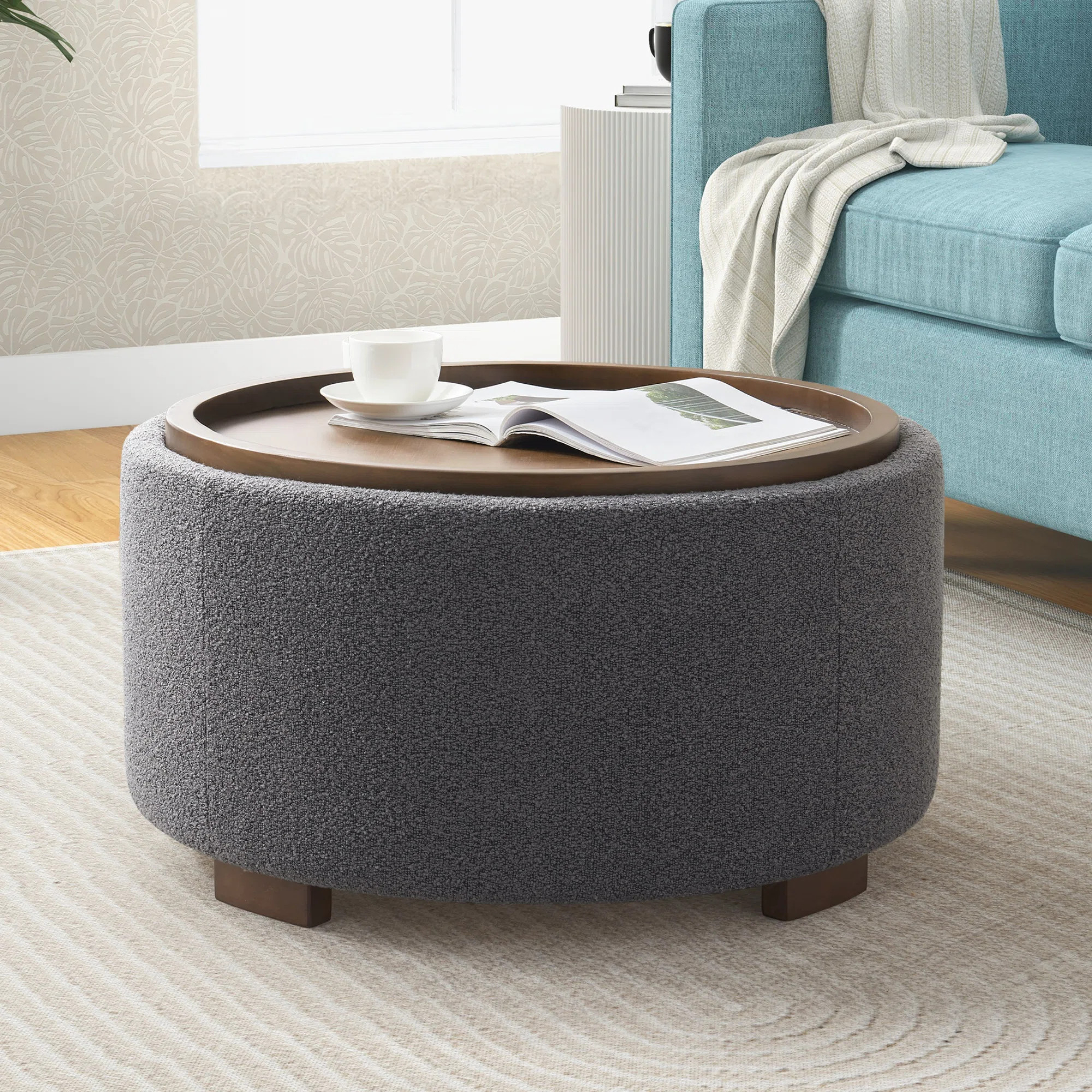 Caysey 30.1" W Upholstered Round Storage Ottoman with Wooden Tray | Wayfair North America