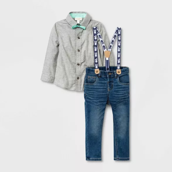 Toddler Boys' 3pc Easter Woven Long Sleeve Button-Down Shirt and Denim Suspender Set - Cat & Jack... | Target
