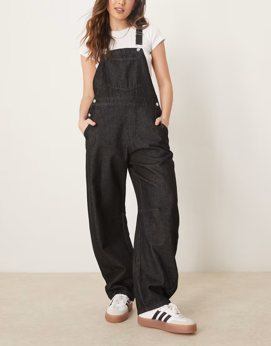 ASOS DESIGN barrel leg denim overalls in black | ASOS (Global)