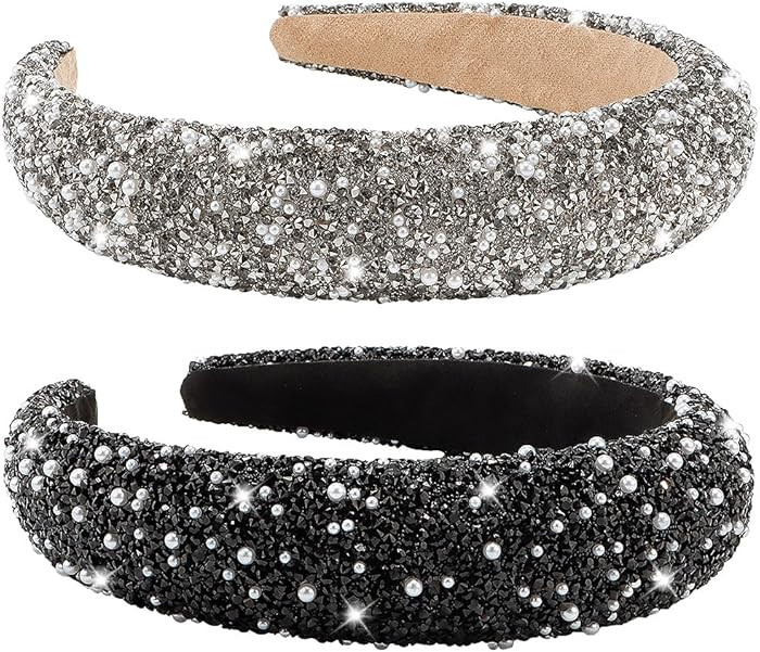AHONEY 2 Pack Rhinestone Headband, Sequin Beaded Pearls Head Band Glitter Cute Headband Birthday ... | Amazon (US)