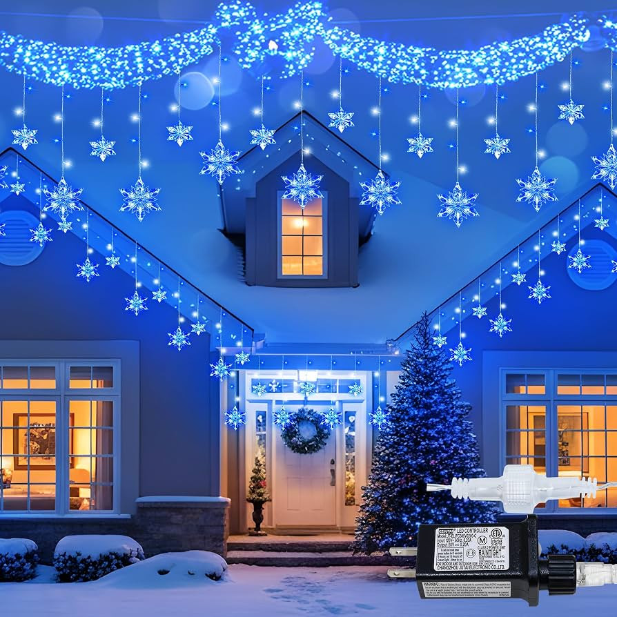 Snowflake Icicle Lights Outdoor, 8.2ft 144 LED Connectable Xmas Hanging String Light Plug in, Chr... | Amazon (US)