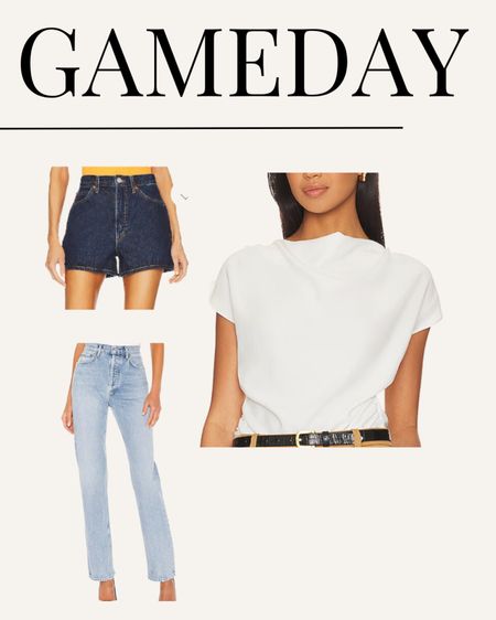 Casual fall outfit, denim, white tee and jeans, game day outfit, football, tailgate 