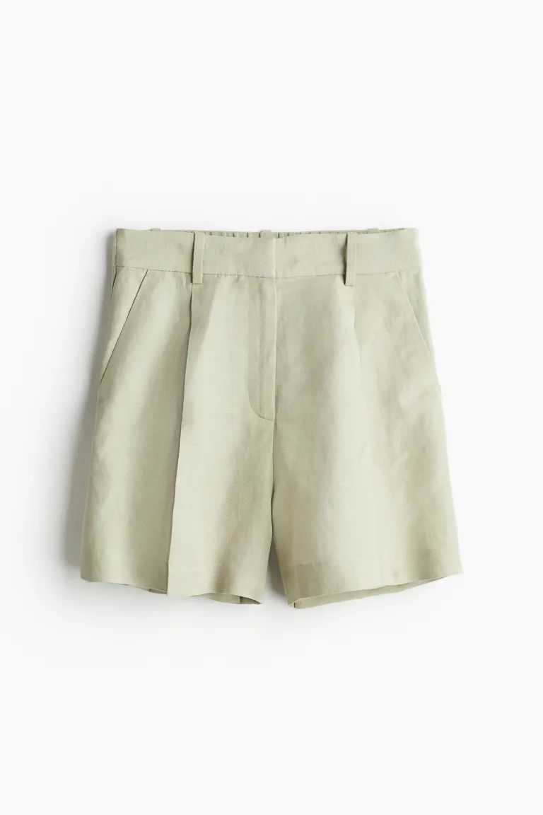 Linen-blend shorts - Light khaki green - Ladies | H&M GB | H&M (UK, MY, IN, SG, PH, TW, HK)