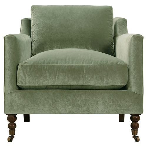 Madeline French Country Green Upholstered Brown Wood Metal Casters Arm Chair | Kathy Kuo Home