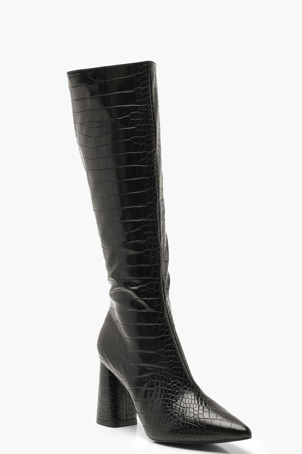 Croc Knee High Block Heel Boots | Boohoo | Boohoo.com (DK)