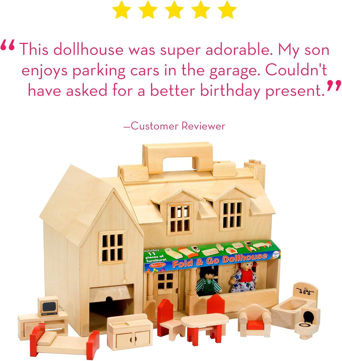Melissa & Doug Fold & Go Wooden Dollhouse With 2 Play Figures and 11 Pieces of Furniture | Amazon (US)