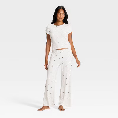 Women's Pointelle Short Sleeve Shirt and Pants Pajama Set - Auden™ Cream L | Target