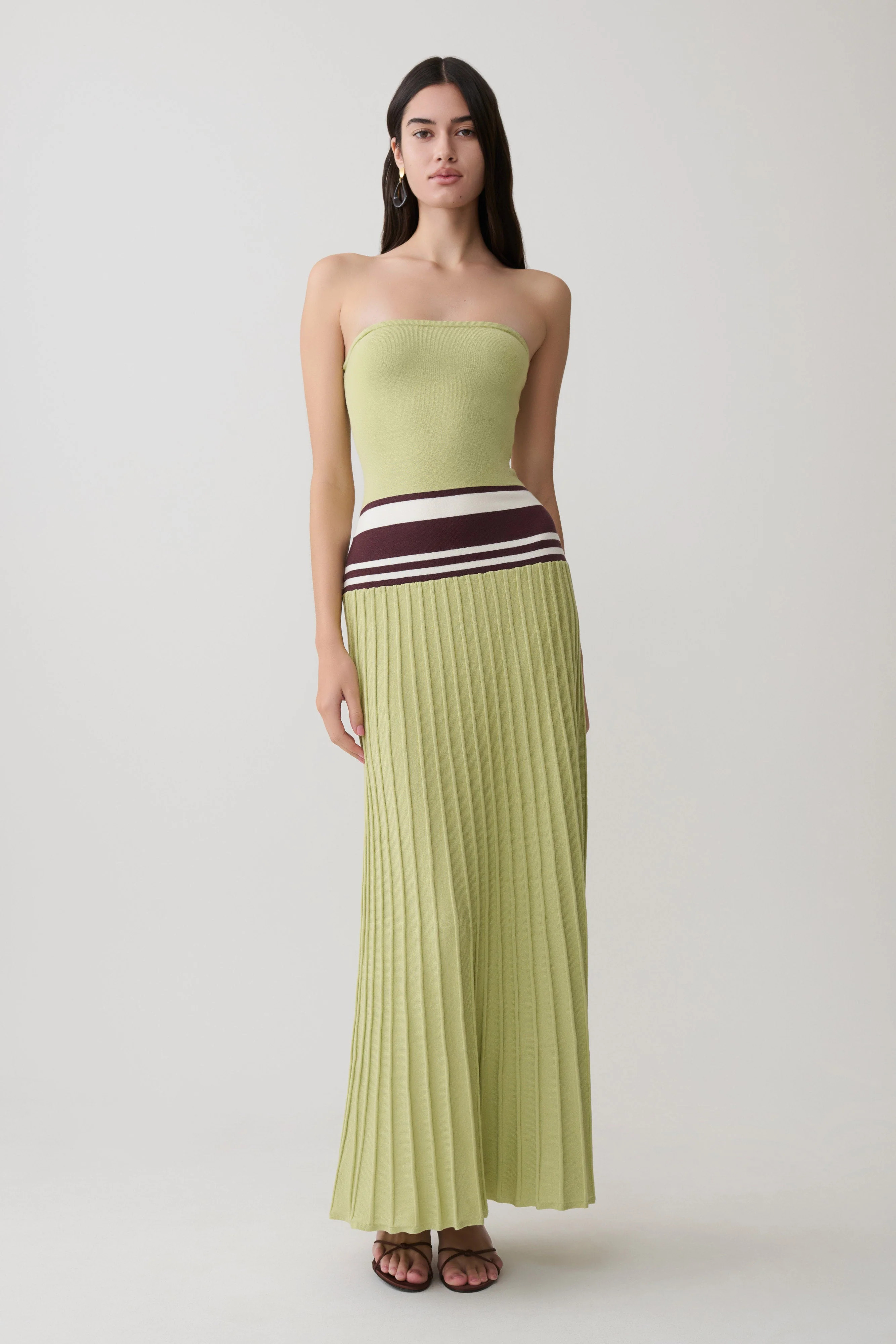 Solaris Strapless Contrast Knit Maxi Dress - Light Olive | Meshki UK