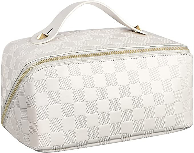 Large Capacity Travel Cosmetic Bag - Portable Makeup Bags for Women Waterproof PU Leather Checker... | Amazon (US)