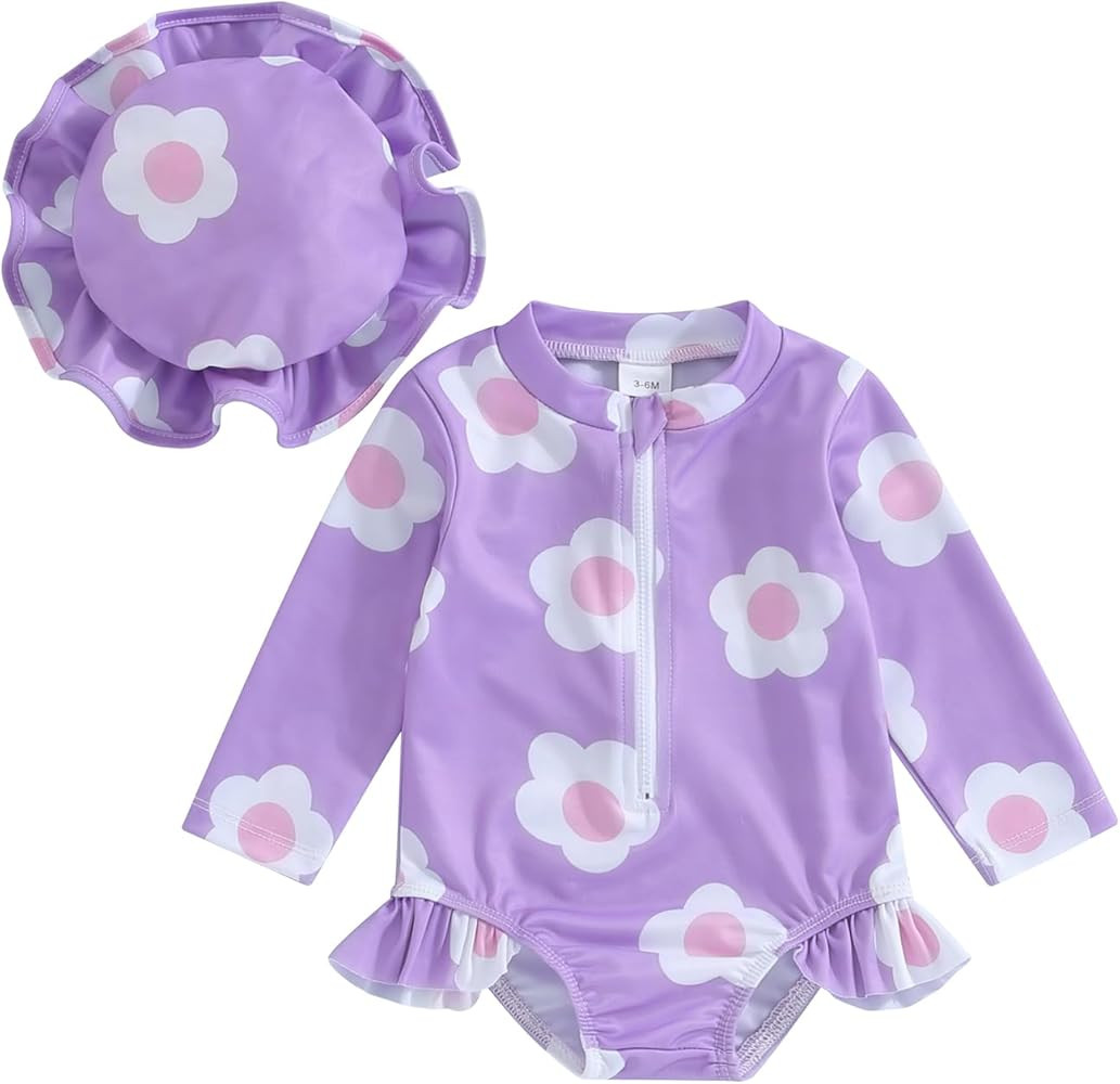 Newbgclo Infant Toddler Baby Girl One-Piece Swimsuit Floral Print Zipper Bathing Suit Ruffled Lon... | Amazon (US)