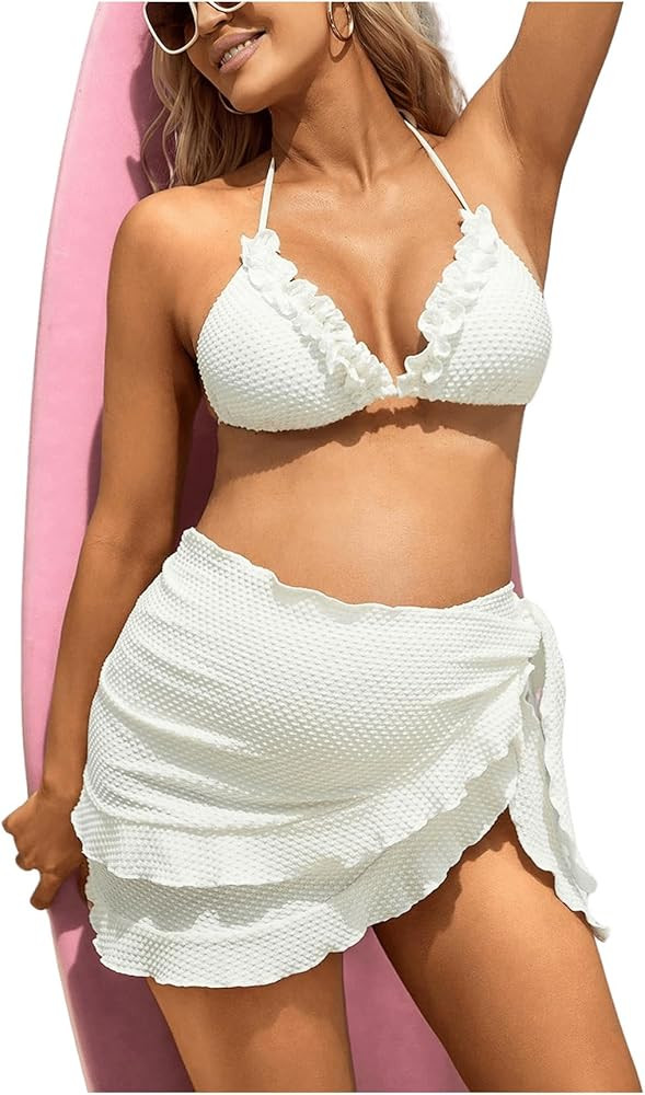Women's Maternity 3 Pieces Swimsuit Textured Ruffle Trim Halter Bikini Set with Beach Skirt | Amazon (US)