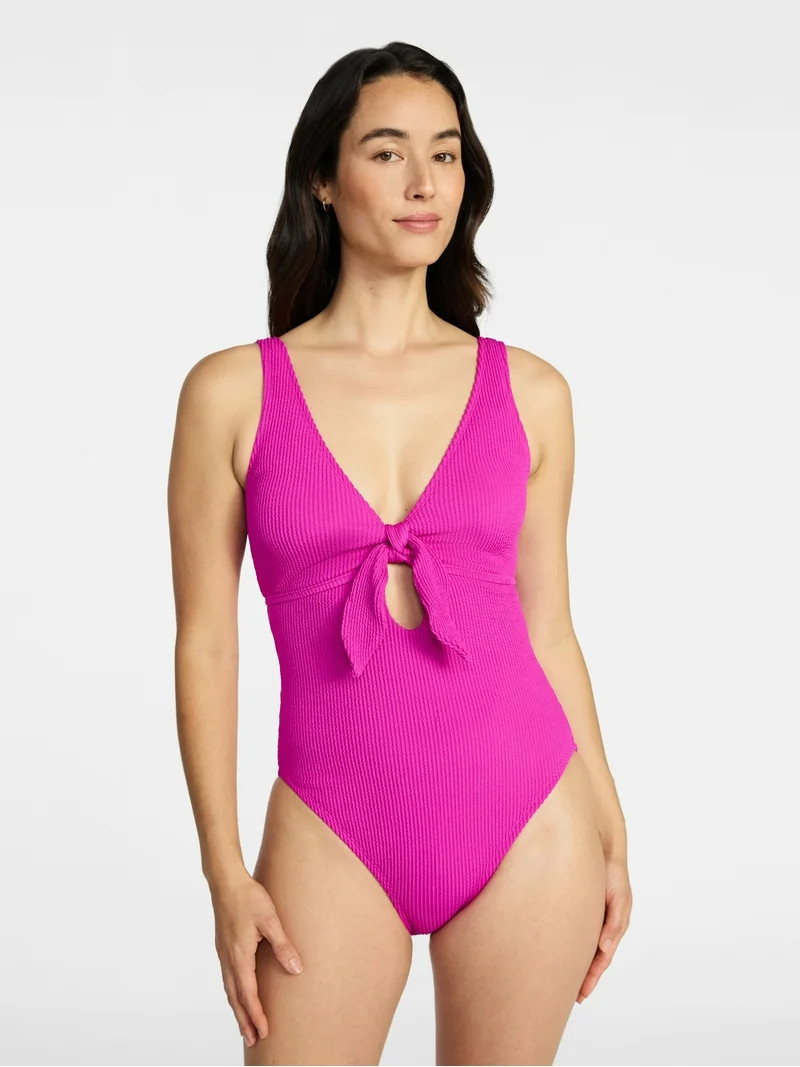 Time and Tru Women's and Women's Plus Size Crinkle Plunge Tie Front One Piece Swimsuit, Sizes XS-... | Walmart (US)