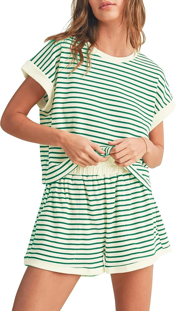 Women 2 Piece Ribbed Knit Pajama Set Striped Short Sleeve Tee Shirts and Shorts Lounge Sets Summe... | Amazon (US)