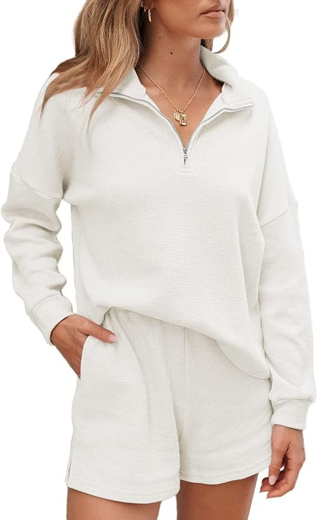 Aleumdr Women's 2 Piece Outfits Zipper Waffle Knit Lounge Sets 2024 Fashion Long Sleeve Shorts Ma... | Amazon (US)