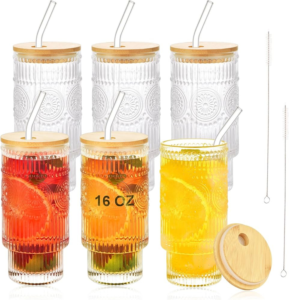 6 Pcs Sunflower Glass Cups with Bamboo Lids and Straws, 16 oz Drinking Glasses Embossed Glassware... | Amazon (US)